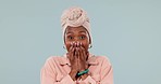 Face, woman and surprise in studio for wow emoji, winner announcement and alarm of crazy news on grey background. Portrait, shock and african model with omg reaction for discount, deal and giveaway