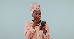 Wow, surprise and black woman with phone in studio for social media, gossip or news on grey background. Omg, smartphone and African female model with omg emoji for secret, drama or sign up deal info