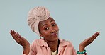Confused, face and shrug by black woman in studio with why, hands or dont know gesture on grey background. Doubt, portrait and African lady model with questions, decision or palm scale emoji choice