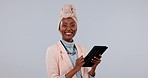 Tablet, social media and scrolling with a black woman in studio on a gray background for research or information. Portrait, technology and smile with a happy person using the internet to search