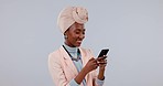 Happy, black woman or cellphone with connection, typing or digital app on white studio background. African person, girl or model with a smartphone, mobile user or post with search internet or network