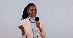 Black woman, news and microphone, journalist and press with media, live broadcast on TV on white background. Talk show, public relations and multimedia with communication and announcement in studio