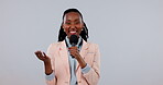 Black woman, news and microphone, journalist or reporter with media, live broadcast on TV on white background. Talk show, press and multimedia, communication with smile and announcement in studio
