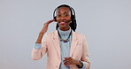Callcenter, black woman and phone call with communication, CRM and contact us in studio with telecom and headset. Advice, help desk and info with mockup space, customer service on white background