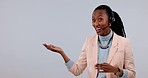 Happy black woman, call center and consulting on mockup in customer service against a studio background. Portrait of African female person, consultant or agent smile in online advice or telemarketing