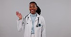 Hospital studio, black woman and doctor wave for healthcare greeting, medical health welcome or wellness support. Clinic portrait, hello gesture or African expert, surgeon or nurse on grey background