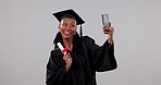 Happy black woman, graduation and selfie with certificate in celebration against a studio background. African female person, student or graduate smile for photography, diploma or degree in success