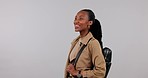 Travel, sightseeing and excited black woman in studio for explore, journey and adventure with backpack. Wow, happy and isolated African person on gray background for holiday, vacation and tourism