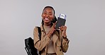 Happy woman, student passport and travel opportunity, university abroad or immigration on a white background. Excited face of african person with flight ticket, ID document and backpack in studio