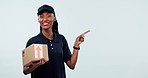 Cardboard box, smile or black woman point at delivery list, mockup studio checklist or retail shipping commercial. Advertising portrait, distribution timeline and supply chain info on blue background