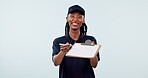 Happy black woman, delivery and clipboard to sign, checklist or form against a studio background. Portrait of African female person or courier lady asking for signature, documents or quality service