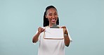 Black woman, clipboard and volunteer sign up, face and signature with charity and donation in a studio. Mockup space, help and join non profit, portrait and paperwork with NGO on blue background