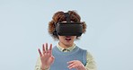 VR glasses, business woman and hands scroll with metaverse, virtual reality and futuristic game in studio. Technology, gamer software and professional with 3D and online tech with blue background