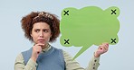 Woman, thinking and speech bubble with idea, solution or plan against a studio background. Female person, gen z or thoughtful model with shape for social media, review or feedback on mockup space