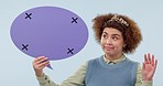 Woman, speech bubble and hand chatting for social media, feedback or comment against a studio background. Female person, gen z or model with shape, icon or mockup for communication, voice or message