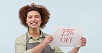 Waitress, discount sign and face of woman in studio with poster for deal, sale and bargain. Small business owner, cafe and person with mockup banner for promotion, percent and news on blue background