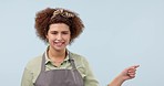 Waitress, pointing and face of woman in studio with list for options, decision and choice. Small business owner, cafe and person with hand gesture for promotion, deal and news on blue background