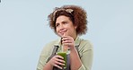 Happy woman, smoothie and diet for lose weight, detox or natural nutrition against a studio background. Portrait of female person smile with glass of organic fruit drink, mix or blend for wellness