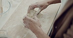 Bread, kitchen and chef hands baking with dough press culinary process on a home or restaurant table for cooking pizza. Cake, bakery and worker or person prepare a food or pastry recipe with wheat