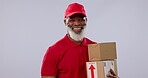 Delivery boxes, smile and mature black man for logistics courier, product shipping or studio distribution services. Supply chain, export mail package and portrait person walking on grey background