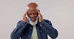 Mature, man and headache for pain in studio on background for mockup with massage, hand and fingers for stress. African, elderly and person for relief, anxiety or mental health in care for burnout