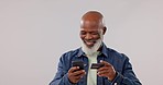 Senior, black man and phone with credit card for online shopping or banking against a studio background. Happy mature African male person with mobile smartphone for bank app, payment or transaction