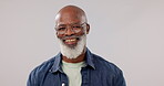 Senior man, smile and portrait in studio, glasses and vision in mockup for advertising, marketing and confident in designer frames. Happy black person, optometry and eye care for health and wellness