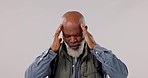 Hiking, headache and senior black man in studio with stress, crisis or vertigo on white background. Travel, anxiety elderly male hiker with temple massage for migraine, brain fog or tinnitus tension