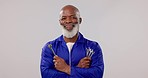 Construction worker, face and senior handyman with smile and black man in studio. Tools, industry portrait and happy contractor ready for industrial project or engineer job with white background