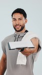 Fitness, offer and face of man with clipboard in studio for gym, sign up or compliance on grey background. Training, checklist and portrait of personal trainer with paper, registration or application