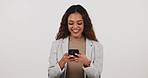 Business woman, cellphone and typing in studio for social network, funny mobile chat and digital contact. Happy worker laugh with smartphone, reading news app or media information on white background