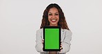 Green screen, tablet and face of woman in studio with social media, news or menu step on white background. Digital, space and portrait of lady model with sign up, process or app, application or promo