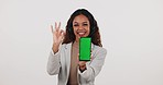 Phone, call center and woman with green screen and ok sign for review on mockup white background. Portrait of customer service consultant on smartphone website, contact us or support tracking markers