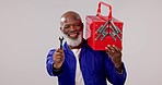 Construction worker, face and tool box with handyman, smile and black man in studio. Tools, industry portrait and happy contractor ready for industrial project or engineer job with white background