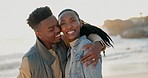 Black couple, ocean and hug with sunset, travel and vacation by the beach in Miami with a smile, Happy, sea and African people together with love and relax holiday in summer adventure with freedom