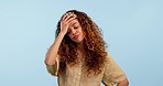 Stress, confused and young woman in studio with scared, overwhelmed or worry reaction for mistake. Anxiety, crisis and female model from Colombia with frustration face expression by white background.