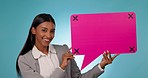 Happy business woman, speech bubble and social media for feedback against a studio background. Portrait of female person or employee with shape or icon in comment, question or message on mockup space