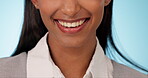 Dental, smile and mouth of person with teeth whitening, orthodontics or tooth cleaning results for enamel care. Studio, closeup and lips with oral health, gum wellness or hygiene on blue background