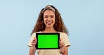 Woman, tablet green screen and marketing mockup for website, information or college FAQ in studio. Face of african student on digital app, e learning information or tracking marker on blue background