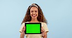 Woman, tablet green screen and marketing mockup for website, information or college FAQ in studio. Face of african student on digital app, e learning information or tracking marker on blue background