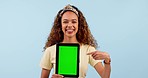 Woman, tablet green screen and presentation mockup of website, information or e learning FAQ in studio. Face of african student with digital, education marketing or tracking marker on blue background