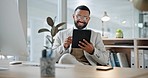 Businessman, reading and smile at tablet for communication, chat and meme on social media post. Online, joke and entrepreneur scroll on internet with funny article, news or happy with email feedback