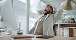 Business man, stretching and happy on computer for financial success, proposal and accounting report. Happy corporate accountant typing on desktop with office health, achievement or relax on break