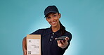 Happy woman, delivery and box with pos machine for payment or transaction against a studio background. Portrait of female person or courier lady smile in logistics, banking or checkout on mockup