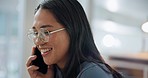 Asian, business or happy woman on a phone call talking, networking or speaking in office. Smile, mobile communication chat or female entrepreneur in conversation, discussion or negotiation offer
