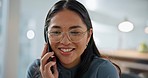 Office, business or happy woman on a phone call talking, networking or speaking of deal offer. Smile, mobile communication chat or Asian female entrepreneur in conversation, discussion or negotiation