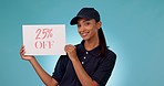 Happy woman, poster and advertising discount, sale or shopping deal on product against a studio background. Portrait of female person or sales rep with billboard, paper or sign for store promotion