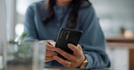 Hands, phone and a business asian woman in her office for communication or networking on a design. Mobile, social media or text message app with a confident and creative young employee in a workplace