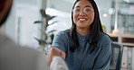 Happy asian woman, handshake and interview in meeting, partnership or teamwork for hiring at office. Business people shaking hands in recruiting, b2b or thank you for agreement or deal at workplace