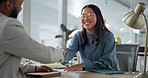 Happy asian woman, handshake and interview in hiring, meeting or partnership for teamwork at office. Business people shaking hands in recruiting, b2b or thank you for agreement or deal at workplace